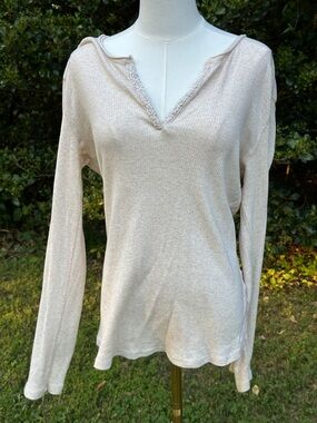 Tommy Hilfiger Cream V-Neck Long Sleeve Top XL Vintage
